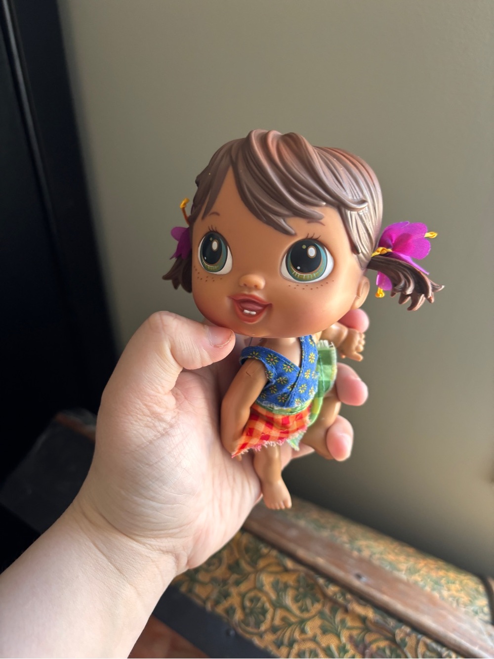 Cute Brown-Haired Doll with Pink Flower Hair Ties - Kids Toy